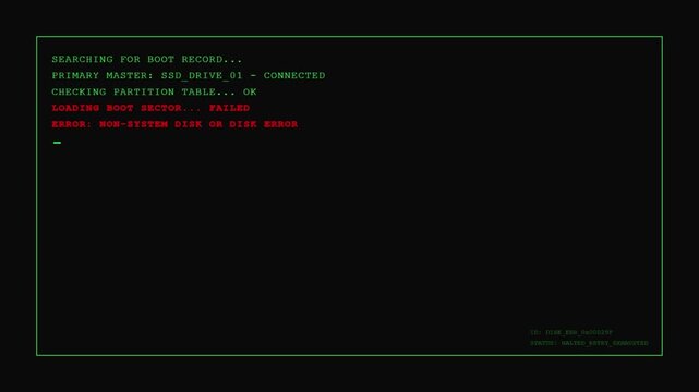 Computer Boot Disk Error Terminal Screen with Green System HUD and Red Loading Boot Sector Failed Warning.
