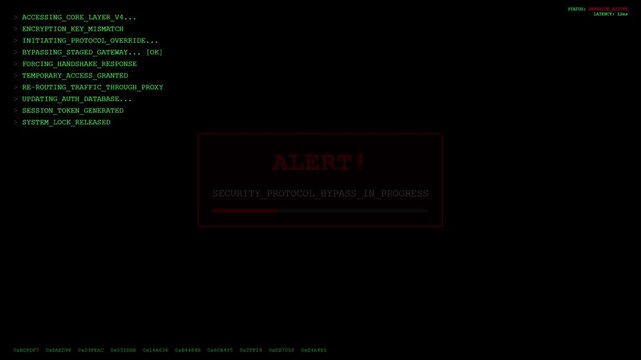 Cybersecurity Alert HUD Interface with Green Command Line Terminal and Red Security Protocol Bypass Warning.