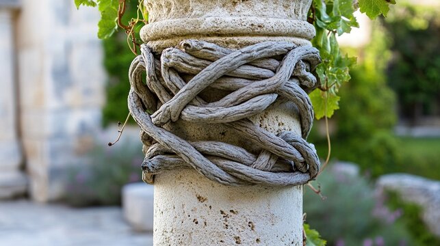 cinching. Close-up of thick vines tightly cinching around an ancient stone pillar, creating deep grooves. ESG reports.
