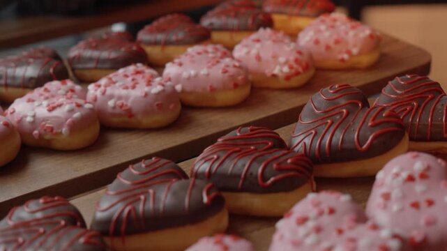 Rows of heart-shaped donuts with pink and chocolate icing on wooden trays in bakery