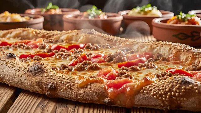 Delicious Turkish Pide with Minced Meat and Vegetables on a Wooden Table.