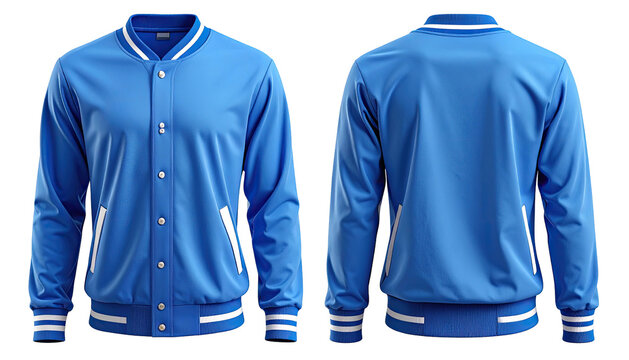 Blue varsity jacket, front and back views, with white trim detail