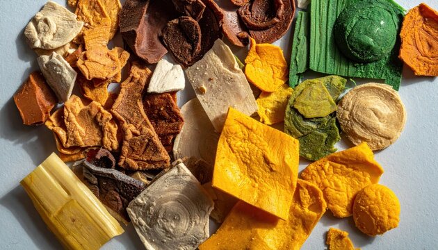 Colorful recycled plastic flakes scattered for industrial processing, showing varied organic shapes, textures, and assorted vibrant colors in a detailed widescreen overhead studio capture.