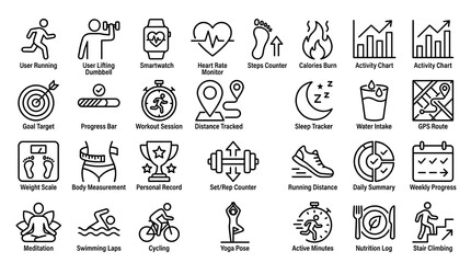 Fototapeta premium Workout icons organized in a grid provide a comprehensive visual guide for personal training and fitness management software.