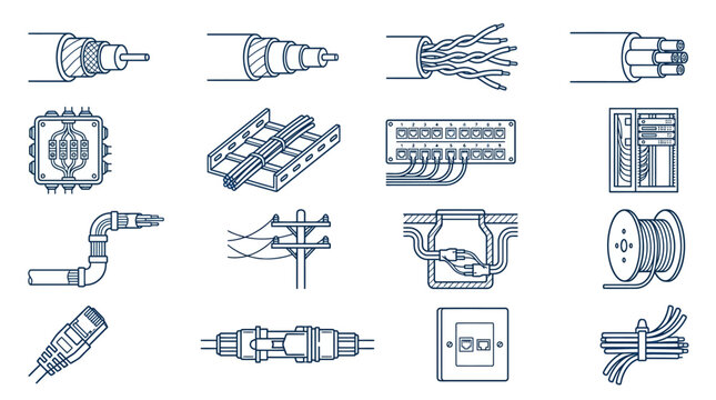 Collection of Cable, Conduit, and Electrical Wiring Solution Line Icons on Isolated White Background