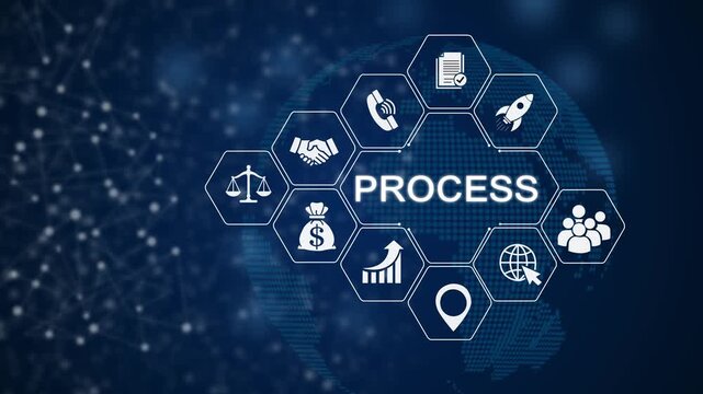 Business process optimization animation with flowchart on dark background, flowchart animation workflow management