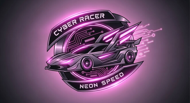 Cyber Racer Neon Speed Futuristic Sports Car Emblem.