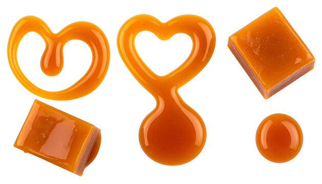 Caramels shaped as pretzel, heart, square, round; isolated on black