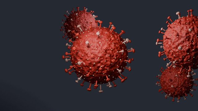 Dynamic 3D animation of red hantavirus particles drifting across a dark background. Excellent detail, macro-style close-up shot, ideal for medical, research, and science footage use.
