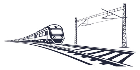 Electric passenger train moving on railway tracks with overhead power lines in minimalist line art style railroad transport locomotive commuter electric passenger movement © AF
