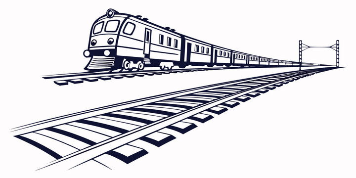 Modern passenger train commuting on railway tracks isolated graphic in minimalist black and white line art style with railroad transport locomotive commuter electric passenger