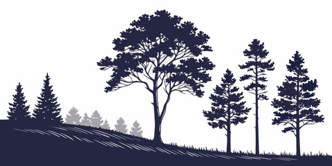 Silhouette landscape illustration featuring evergreen pine and coniferous trees on a grassy hill landscape silhouette coniferous background illustration woodland wilderness © AF