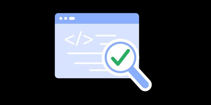 Magnifying glass over code lines with checkmark symbol. AI model auditor and compliance verification workflow concept scene. Digital governance graphic. Continuous inspection motion animation.