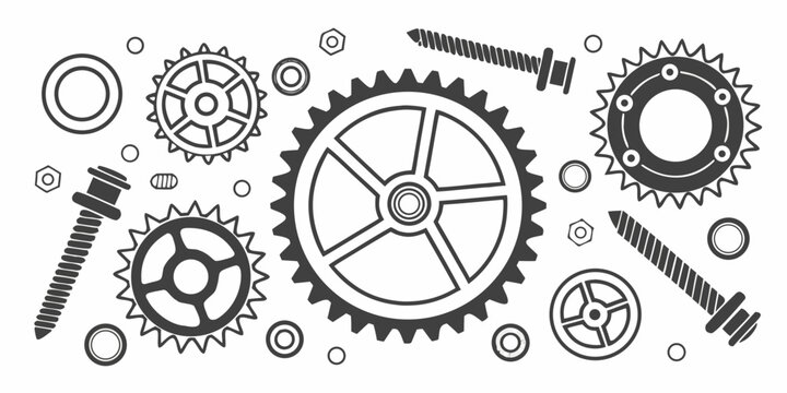 Set of engineering components including gear wheels and threaded bolts with fasteners engineering mechanics industrial machinery industry mechanical technology hardware