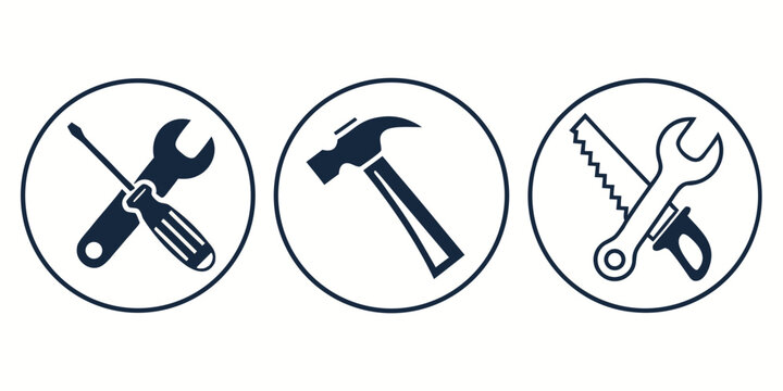 Three circular icons featuring crossed hand tools including hammer screwdriver wrench and saw screwdriver construction hardware maintenance industry illustration collection