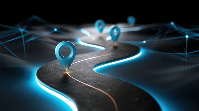A futuristic, illuminated winding road with location pins highlighting key points, symbolizing navigation and digital mapping.