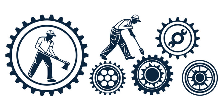 Industrial gear cog wheels with worker figures carrying construction equipment industry construction mechanic engineering maintenance industrial teamwork technical