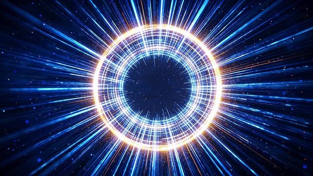 Abstract glowing ring grid structure with central void and radial light beams