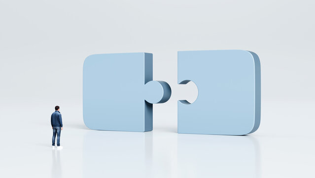 Man standing in front of two giant puzzle pieces about to connect, partnership, solution and business collaboration concept, 3d render