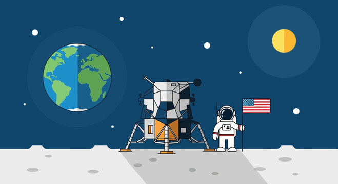 Astronaut on Moon holding American flag next to lunar lander, Earth in background