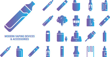 Modern vaping devices and accessories icons set blue purple gradient collection. © Creative BD