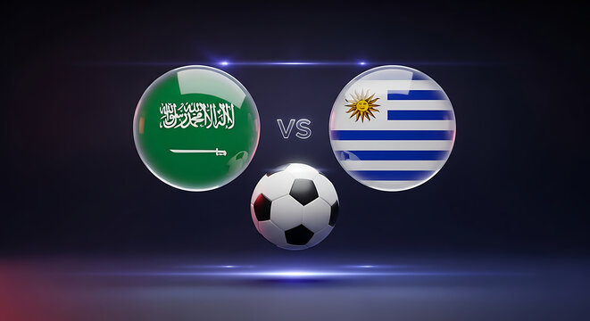 Soccer ball between saudi arabia and uruguay flags