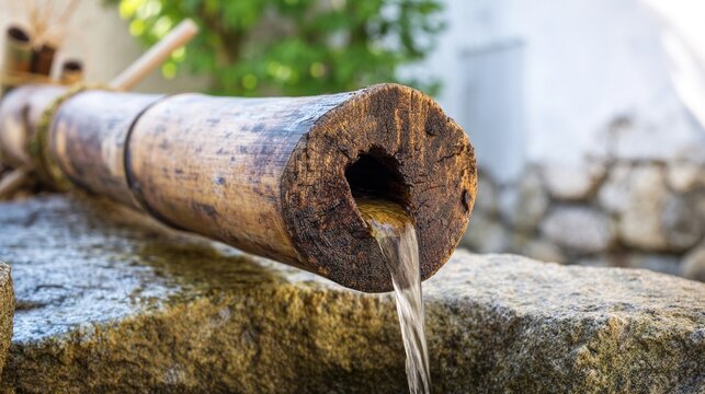 wellhead. Ancient wooden wellhead with bamboo pipe channeling water into stone trough. travel magazines, destination branding, designed for travel destination branding, elevates destination branding.