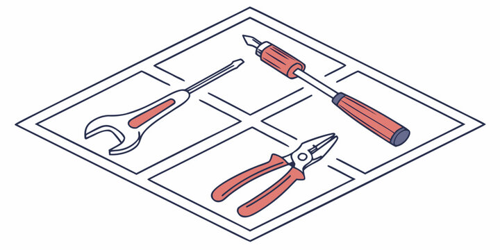 Isometric tool kit with adjustable wrench screwdriver and pliers on square grid screwdriver maintenance construction isometric equipment hardware engineering industry