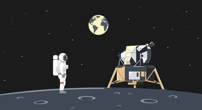 Astronaut on Moon with Lunar Lander and Earth in Space