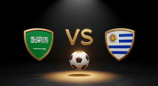 Soccer ball between two team shields on black background