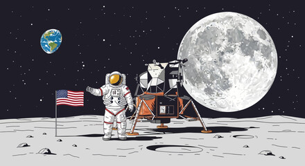 Astronaut on Moon with Flag, Lunar Lander and Earth in Space © Lemah