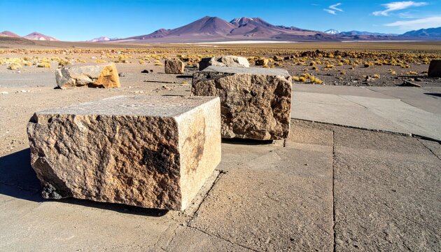 Rugged granite stone blocks resting on a flat arid desert pavement against distant volcanic mountain peaks under a clear blue sky, showcasing the stark beauty of remote geological landscapes.