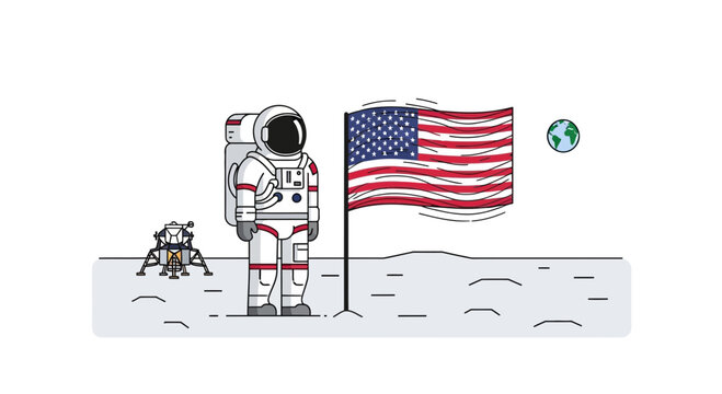 Astronaut Planting American Flag on Moon Surface with Lunar Lander and Earth