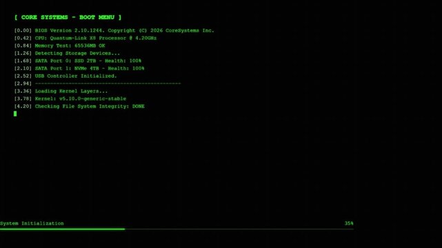 Core Systems Boot Menu Digital Interface with Green Terminal HUD and Computer System Initialization Loading Screen.