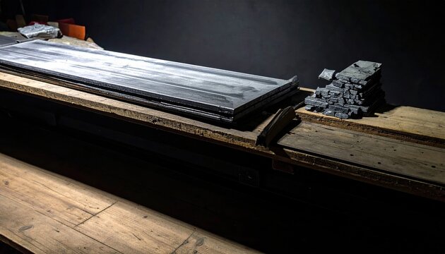 Heavy metal lead plates stacked on a weathered wooden workbench in a dark industrial workshop. The massive metallic sheets rest on worn timber boards, showing raw material processing and storage.