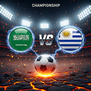 Soccer ball with saudi arabia vs uruguay flags in stadium