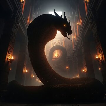 Dramatic silhouette of a mythical serpent in a torch lit ancient corridor