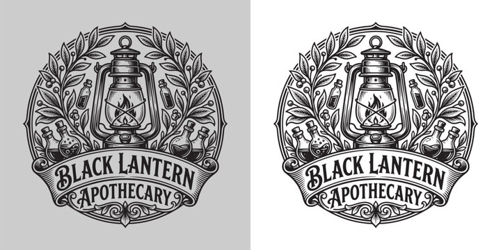 Vintage Black Lantern Apothecary Logo with Glass Vials and Botanical Leaves