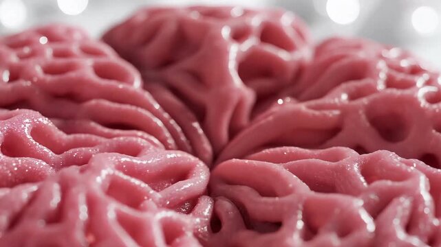 Macro slow motion of soft porous pink biomaterial expanding and contracting rhythmically in clean clinical white lighting.
