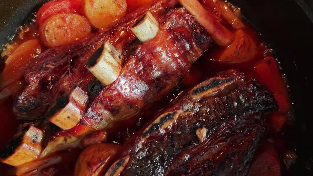 Top View of Slow Cooked Asado Beef Ribs in Rich Broth with Potatoes, Sweet Potato and Onion Boiling in Black Pot, Rustic Gourmet Meat Stew, Comfort Food Close Up