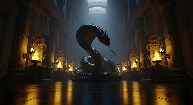 Dramatic snake statue in an illuminated temple interior artwork