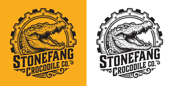 Stonefang Crocodile Co Logo with Industrial Gear and Aggressive Gator Head