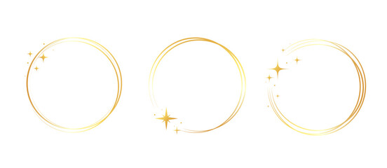 Fototapeta premium Gold frame golden ring set. Hand drawn golden round glitter line circular border with light sparkle. Luxury whimsical wedding jewelry glow flare decoration snowflake star. Vector illustration