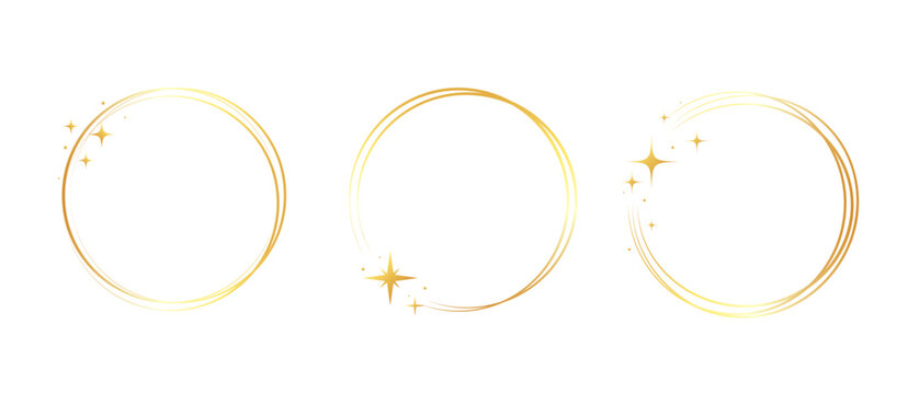 Gold frame golden ring set. Hand drawn golden round glitter line circular border with light sparkle. Luxury whimsical wedding jewelry glow flare decoration snowflake star. Vector illustration