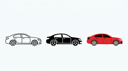 Fototapeta premium Sedan car icons, minimalist vector profile, red black white, urban commuting concept