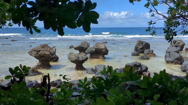 Eroded rock formations on the Lavena Coastal Walk within Bouma National Heritage Park in Taveuni, Fiji, South Pacific