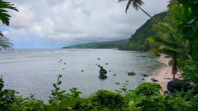 Scenic view of the Lavena Coastal Walk within Bouma National Heritage Park with low tide ocean on tropical island Taveuni, Fiji