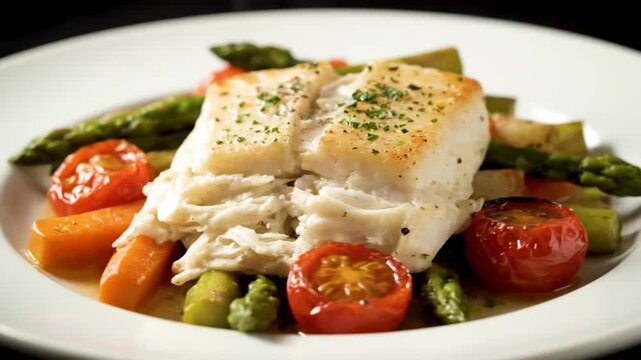 Gourmet pan-seared white fish fillet (cod or halibut) served with roasted asparagus, cherry tomatoes, and carrots on a fine dining plate