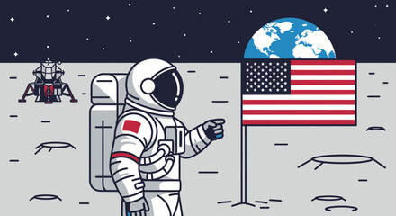 Astronaut plants US flag on Moon, Earth visible in space © Lemah
