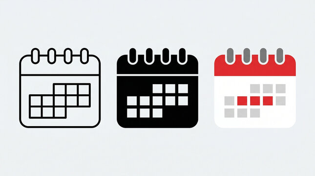 Monthly calendar grid icons, flat outline solid, black white red, schedule tracking agenda